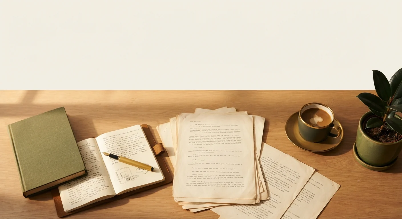 Escritorio con manuscrito y café, símbolo del proceso creativo