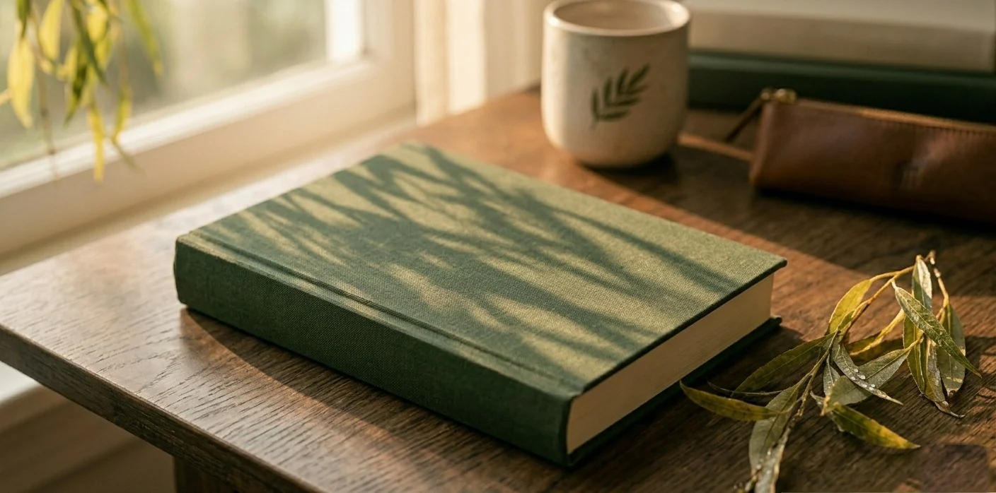 Un libro de Editorial El Sauce junto a la ventana, con la sombra del sauce